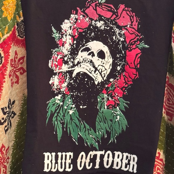 BLUE OCTOBER Band T  with Kantha Sleeves Boho Handmade One of A Kind - Picture 2 of 3